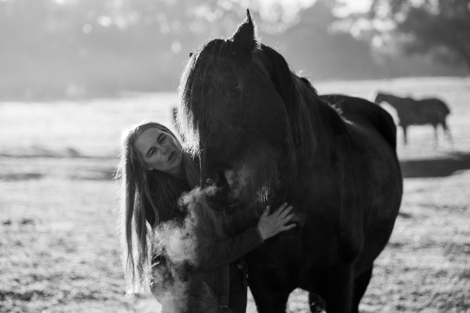 Germaine and a horse in the early morning, breath visible in the cold air